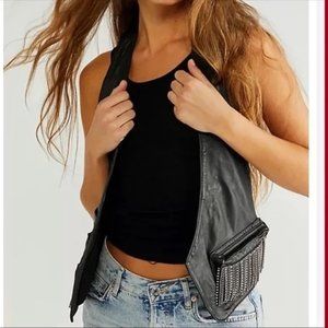 Free People Black Leather Vest with Silver Accents